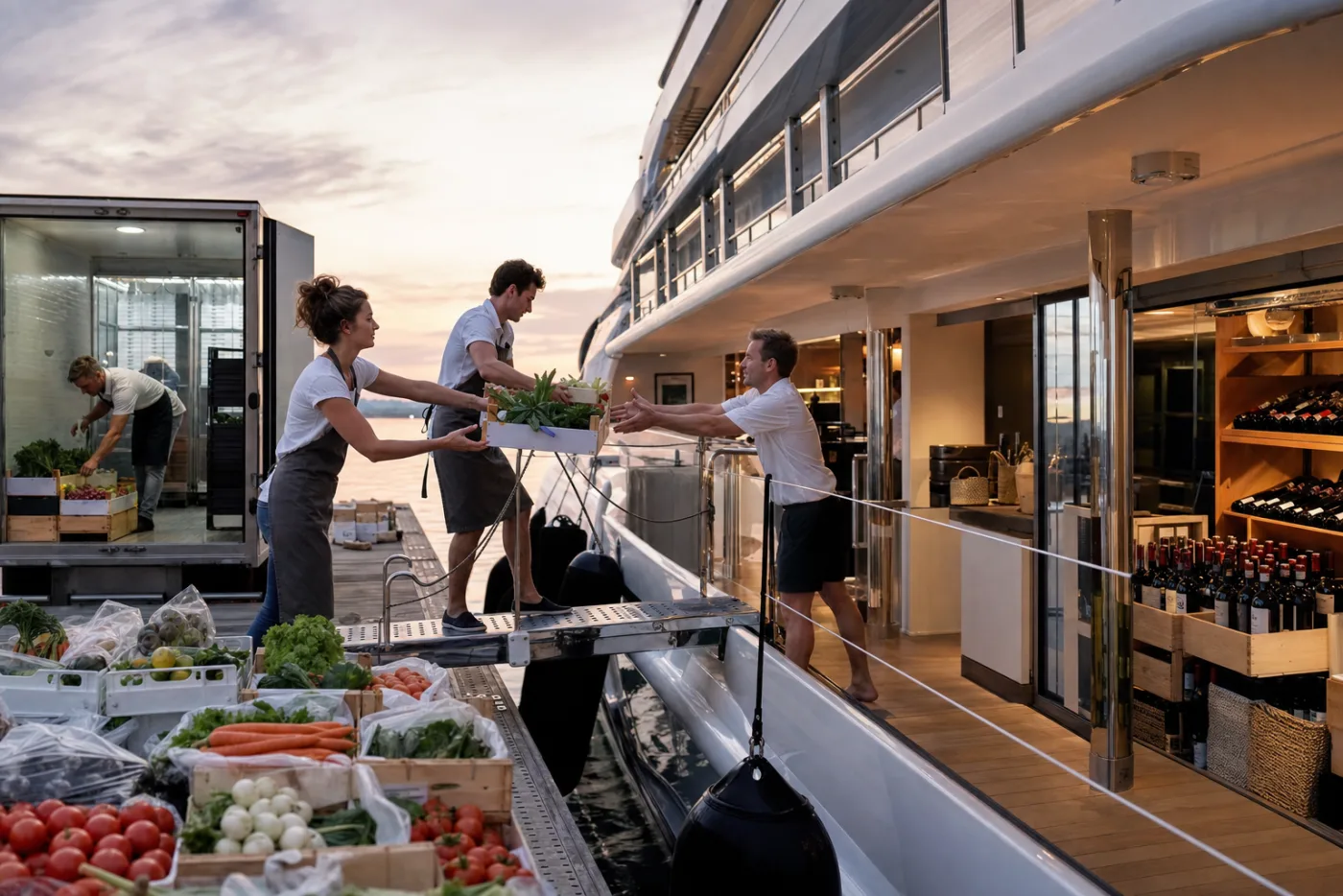 Crates of fresh produce being handed aboard a yacht at dawn